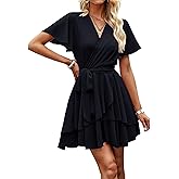 Krumba Short Sleeve Women Dress: V-Neck Ruffle Tie Waist Pleated Mini - Casual Wear for Wedding Guest Beach Summer Party Trip