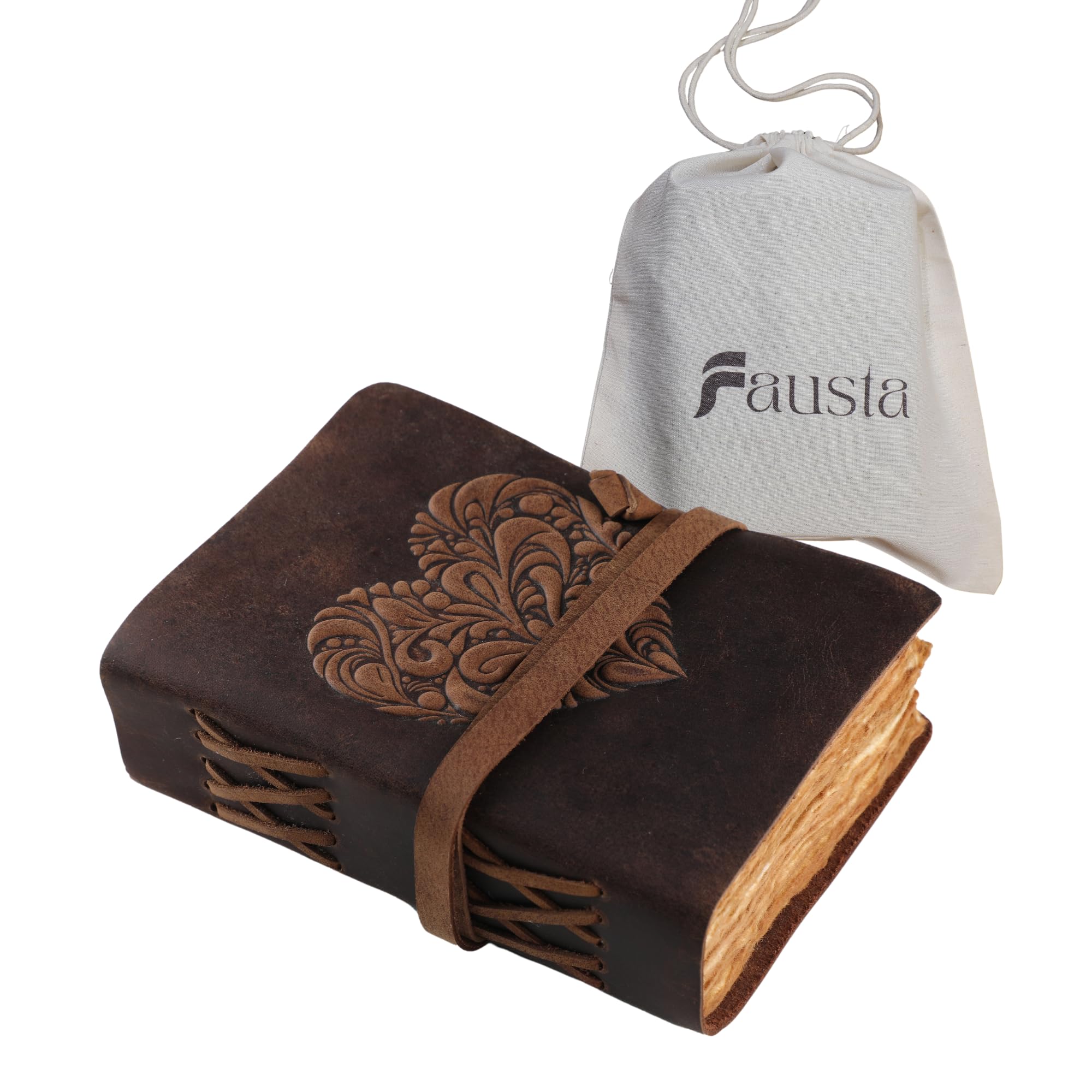 Fausta Heart Embossed Leather Journal for Men & Women – 7"x5" Writing Notebook, 240 Pages Vintage Deckle Edge Cotton Paper 150 GSM | Rustic Brown Travel Sketchbook for Drawing