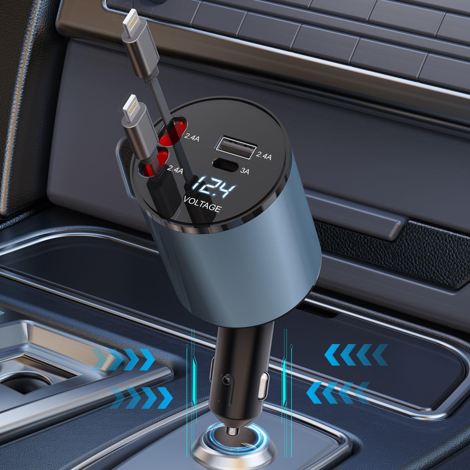 Retractable Car Charger, 4-in-1 Fast Car Mobile Phone Charger with 69W Retractable Cable and 2 USB Ports Car Charger Adapter Compatible with iPhone 14/14 Pro/14 Pro Max/13/12/11/XS/XR