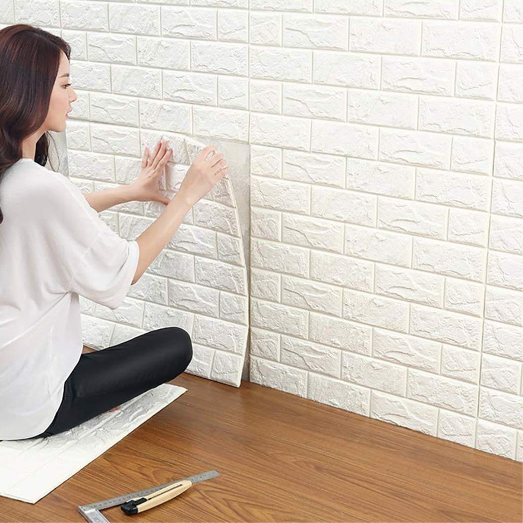 WANWEITONG 3D Brick Wallpaper, White Brick Pattern Wall Stickers, Removable Peal and Stick PE Foam Wall Sticker for Living Room,Bedroom, Home Office (12PCS, White)