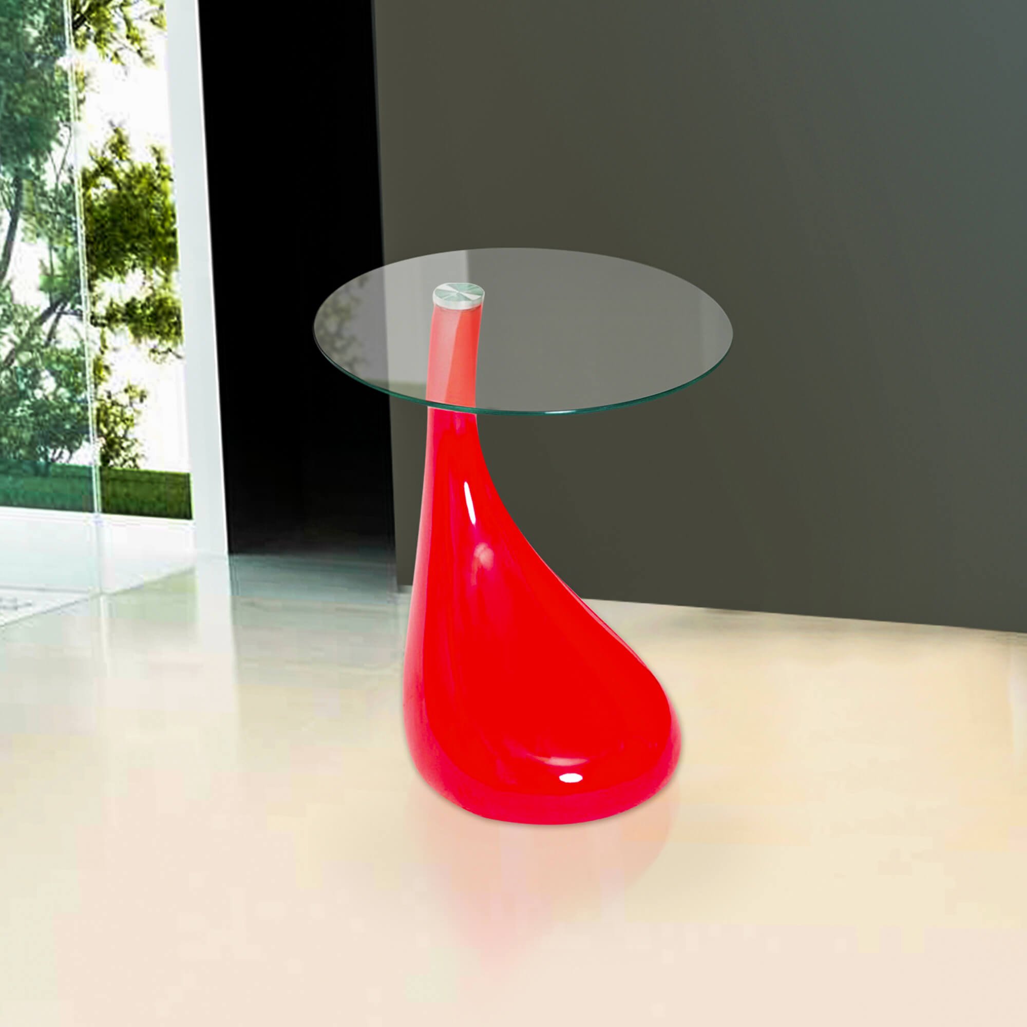 Fab Glass and Mirror Tear Drop Side Table with Round Glass Top, 18" L x 18" W, Red