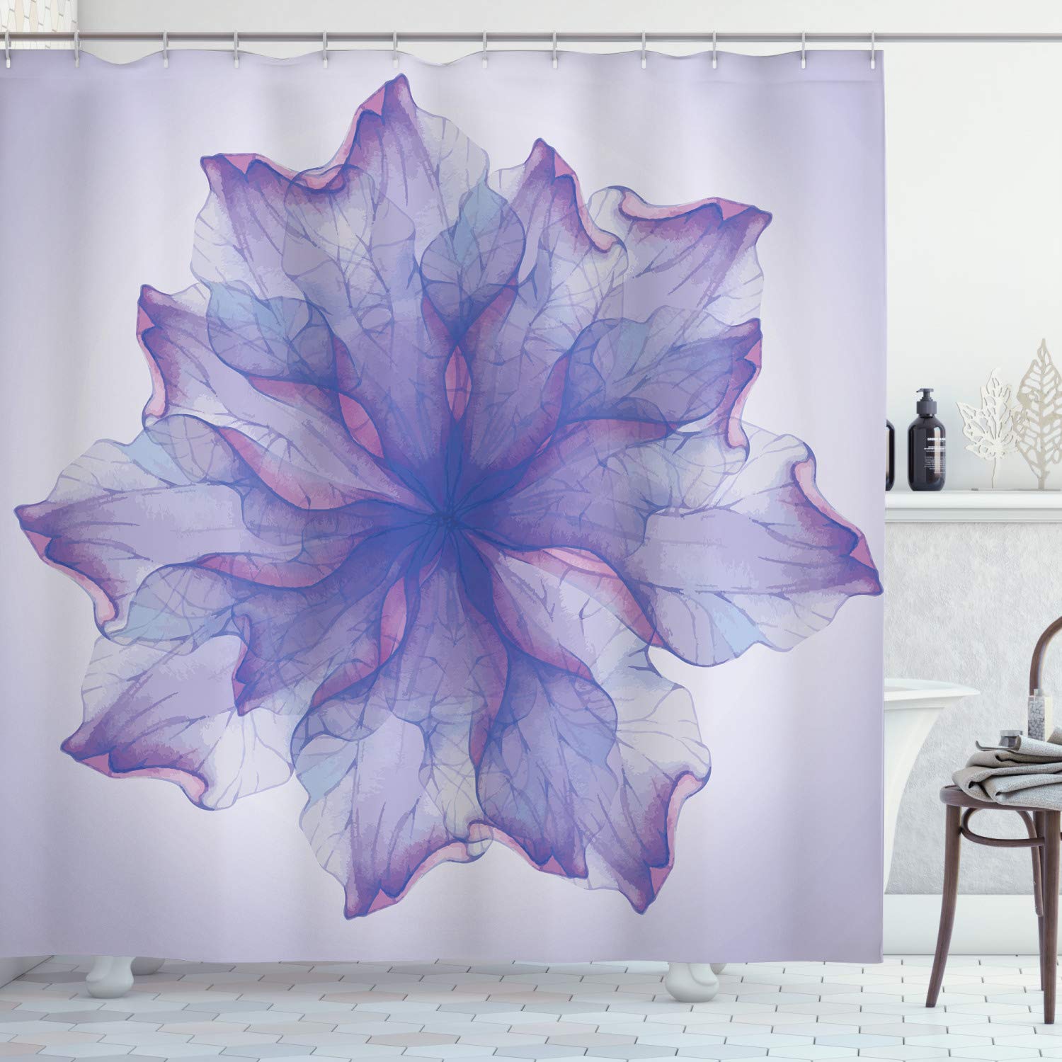ABAKUHAUS Flower Shower Curtain, Blossoming Petals Pattern Watercolor Effect Floral Design, Cloth Fabric Bathroom Decor Set with Hooks, 175 x 220 cm, Purple Dark Purple