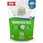Lemi Shine Natural Dishwasher Detergent Pacs with Dishwasher Cleaner Pouch - Eco Friendly Cleaning Supplies - 31.8 oz (65 Count)