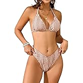 seamoly Womens Triangle Halter Bikini Set Ruffle Bowknot High Cut V-Waist Bathing Suit Back Tie Backless Sexy Resort Swimwear