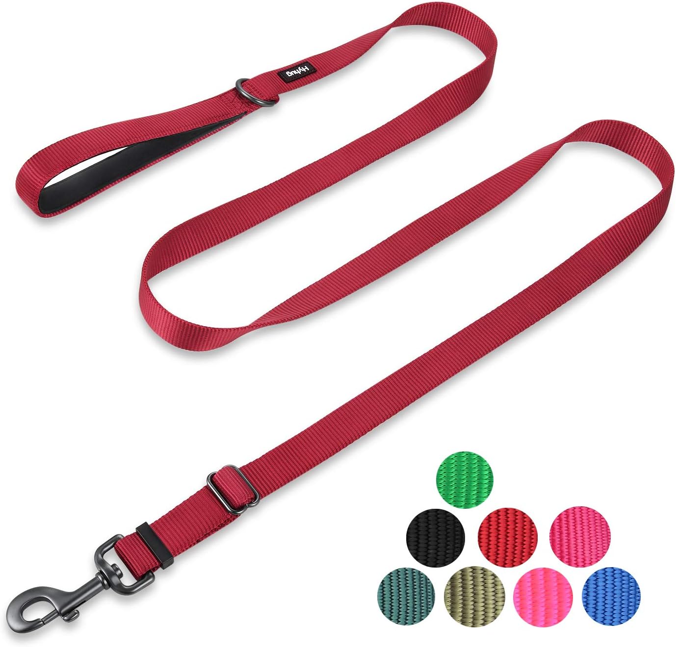 Hyhug Pets Upgraded Adjustable Lead with Strong Nylon and Super Soft Neoprene Handle for Large Dogs. (Large, Dark Red)