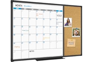 XBoard Dry Erase Calendar Whiteboard 28 X 20 - Combo White Board Calendar Monthly, Magnetic White Board + Corkboard with Black Aluminum Frame