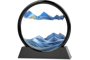 MEEITEC Moving Sand Art, 3D Liquid Motion Deep Sea Sandscape Color Quicksand Decor, Round Glass Flowing Circle Sand Art Sandscapes Picture, Relaxing Desktop Home Office Work Decor, 7 inch Blue