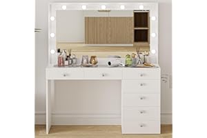 Boahaus Serena LARGE Makeup Vanity with Hollywood Lights Built-in, 7 Drawers, Hollywood Mirror, Hairdryer Hanger, Glass Top, Crystal Ball Knobs, White Vanity Makeup Desk for Bedroom, 58''Hx47''Wx17''D