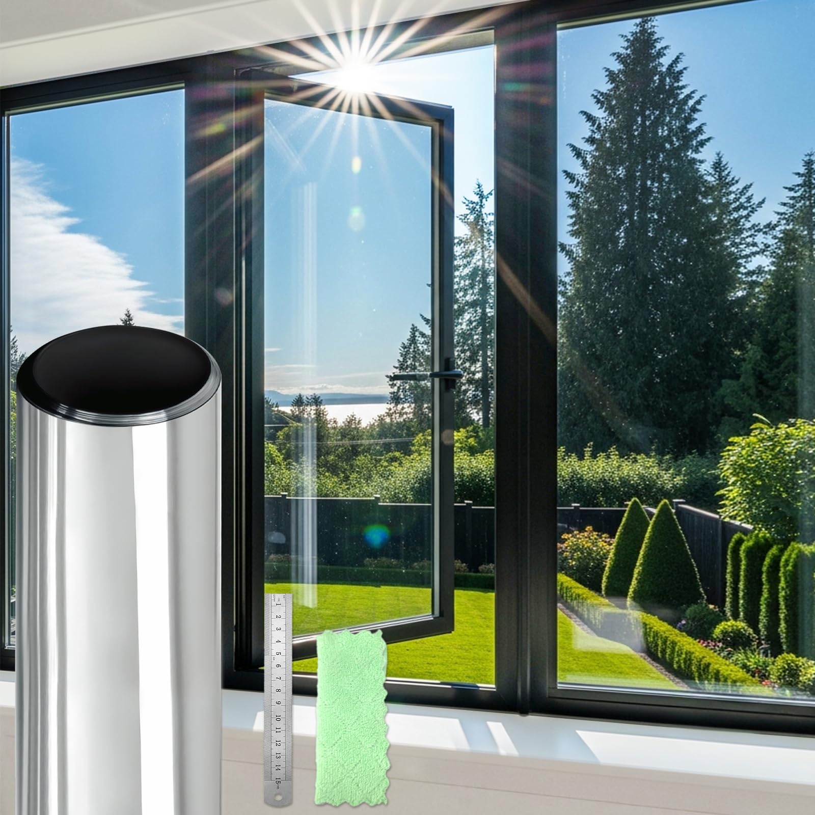 DIFIT One Way Window Film See Out Not in Privacy Films for Glass Windows Reflective Windows Film Anti-UV Anti-Glare Static Cling Window Tint for Home, Office（Silver-silver，90x200cm）