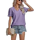 LYANER Women's Casual Puff Short Sleeve Lace Trim Eyelet V Neck Shirt Blouse Tunic Top