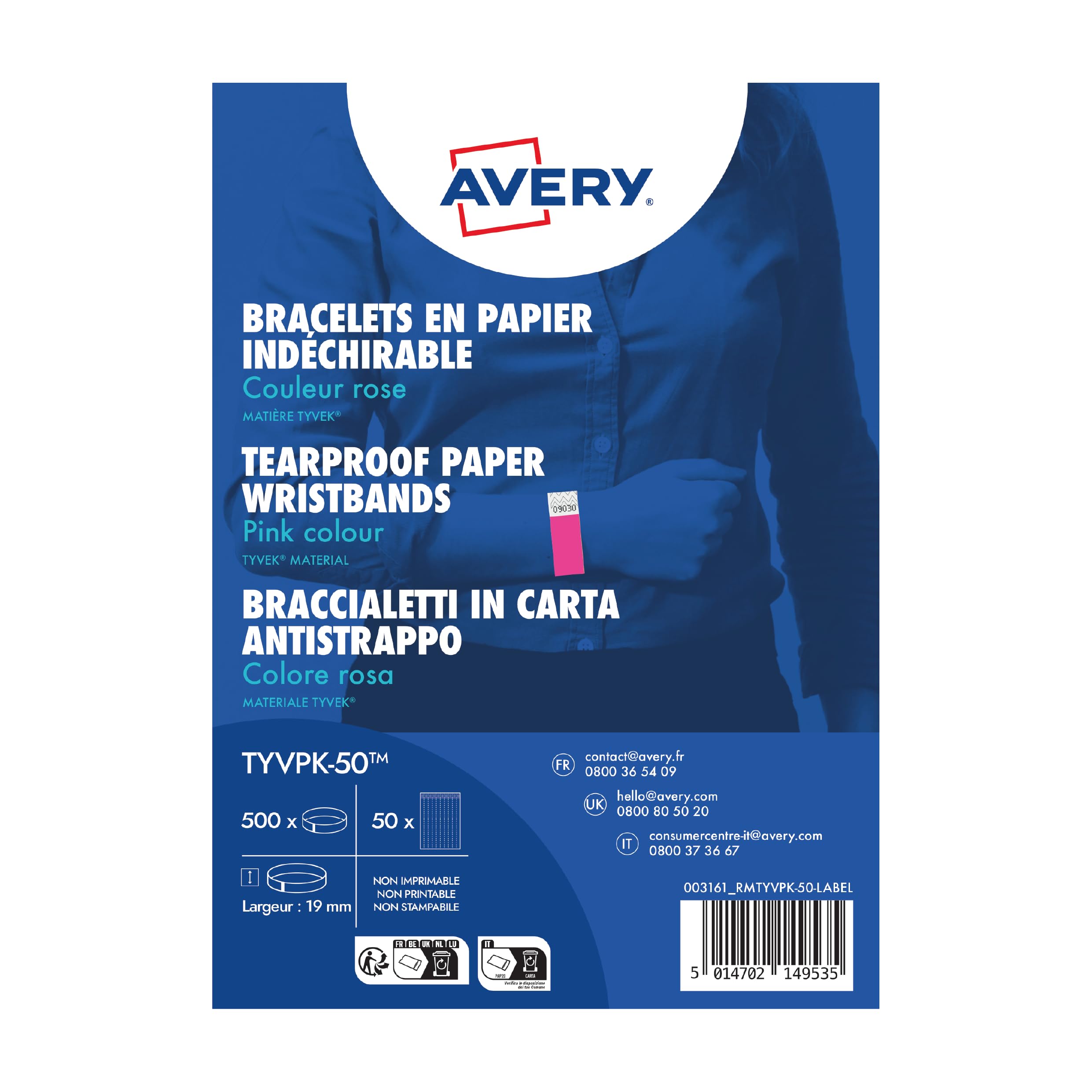 Avery Tyvek Paper Bracelets/ Wristbands - Neon Pink - Tear-Proof - Ideal for Events, Parties, celebrations TYVPK-50