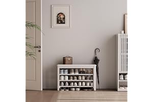 KASLANDI Wood Shoe Bench, Shoe Rack Bench Height Adjustable，Walnut Entryway Bench for Hallway, Mudroom (White 3-Tier-Wood, 31.5")