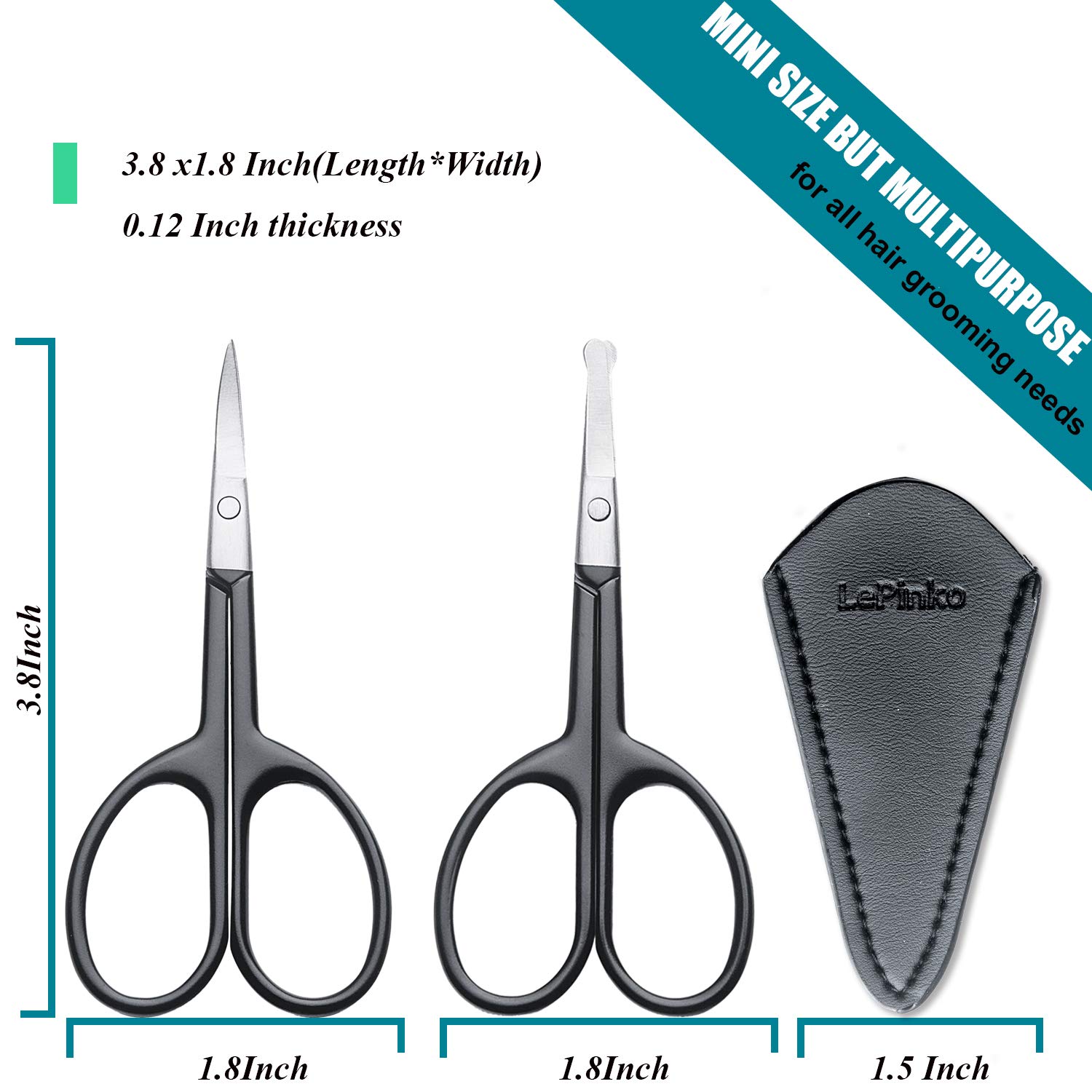 Small Scissors, Comfort-Grip Handles, Facial Hair Grooming Set, Eyebrow, Nose, Mustache, Beard, Eyelashes Ear Nail Trimming Kit, Point and Rounded Safety Tip Cutting Clippers 2PCS With PU Cover Black: Beauty