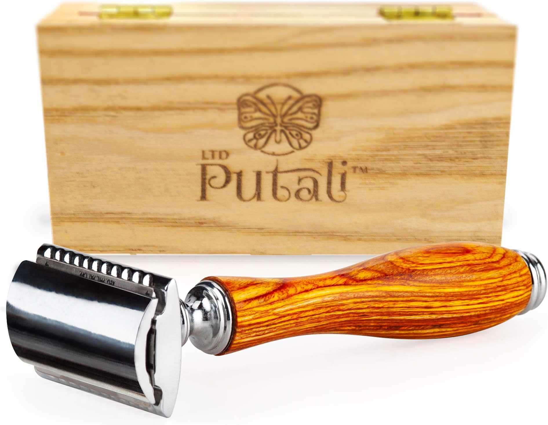 Putali Ltd. | Premium Double Edge Safety Shaving Razor for Men or Women– No Slip Eco Friendly Pakkawood Handle (Acadia-Biscuit)