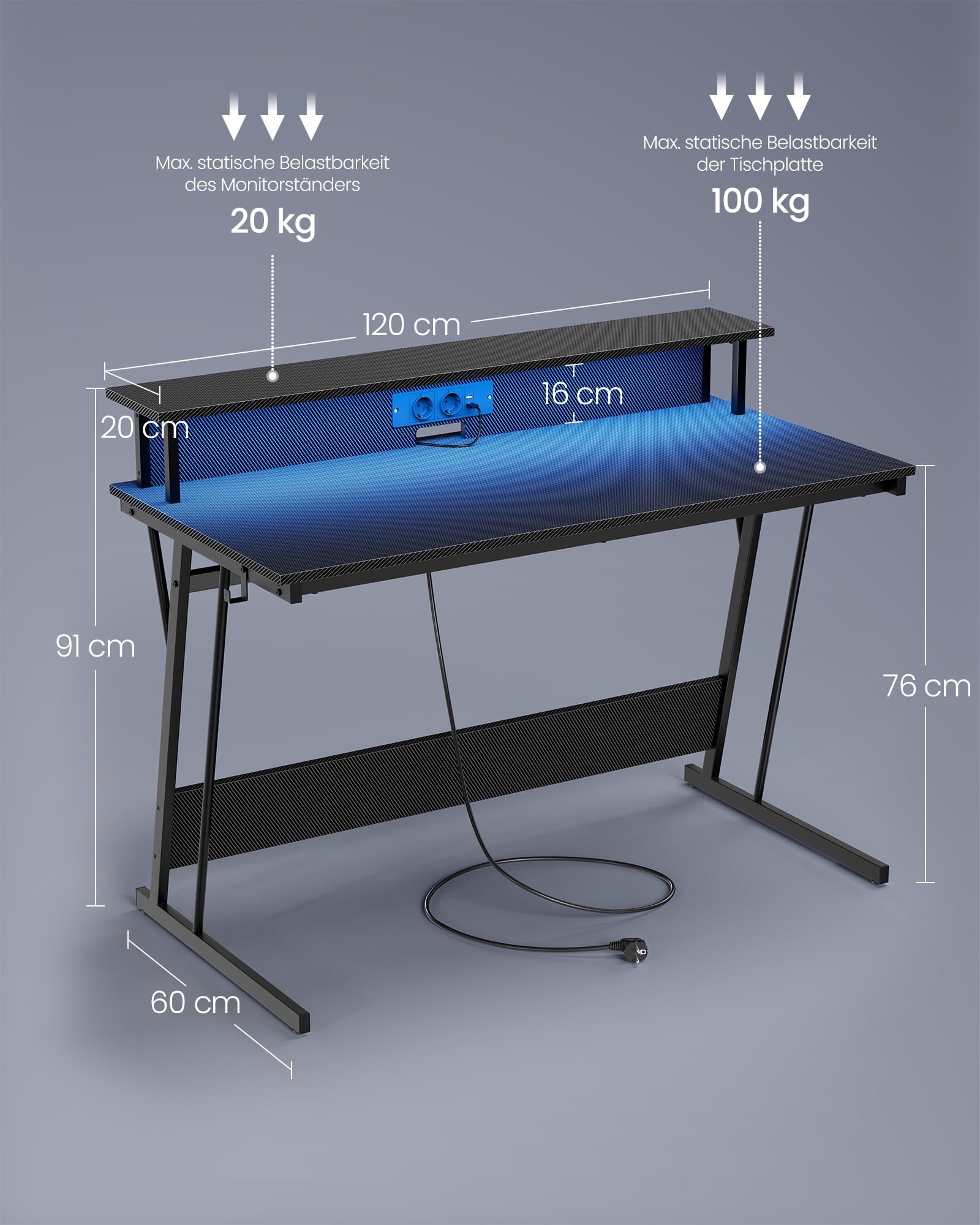 VASAGLE Schreibtisch, Gaming Tisch mit eingebauter Steckdosenleiste, Computertisch, mit Monitorständer für 2 Monitore, Schlafzimmer, 60 x 120 x 76 cm, rußschwarz LWD192B02 6