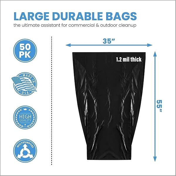 TOUGHBAG 55 GALLON TRASH BAGS, 55-60 GALLON TRASH BAGS HEAVY DUTY (50 COUNT) – LARGE BLACK TRASH CAN LINERS, 50-60 GAL FOR CONTRACTORS, COMMERCIAL, AND LAWN – MADE IN USA