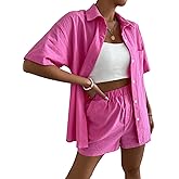 SweatyRocks Women's 2 Piece Outfits Half Sleeve Drop Shoulder Button Front Blouse and Straight Leg Shorts Set