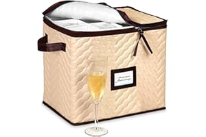 Wine Glass Storage Box with Dividers - Stemware Storage Case, Durable Quilted Microfiber Bin with Carry Handles, Protects Fin