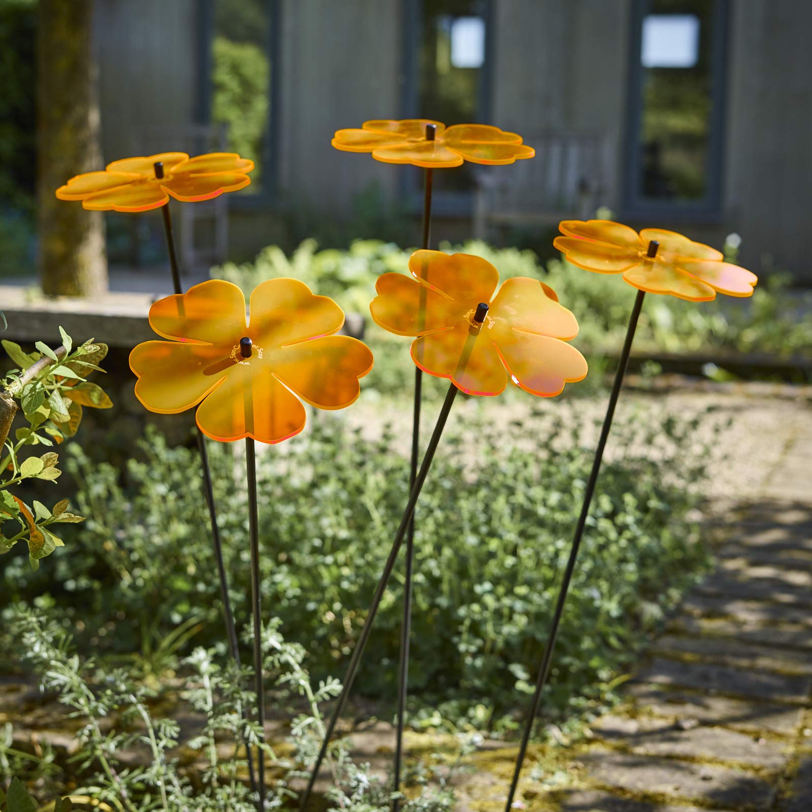 Sun Catcher Garden Decor Set of 5 Large Double Blossoms Ornamental Stakes 75cm, 29.5 inch high Outdoor Yard Accessory Lovely Gardeners Gift, Colour:Orange