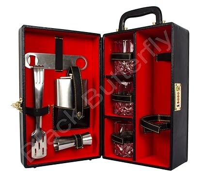 Black Butterfly Portable Leatherette Wood Briefcase Set, Brown