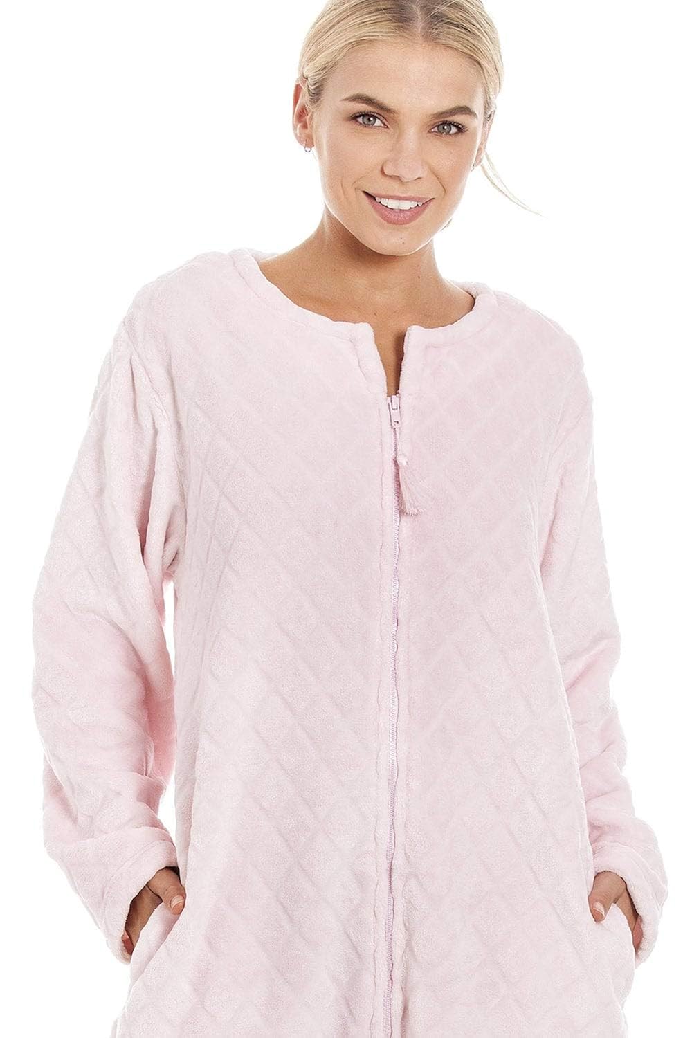 Camille Womens Supersoft Light Pink Zip Up Diamond Print Housecoat Women Dressing Gowns