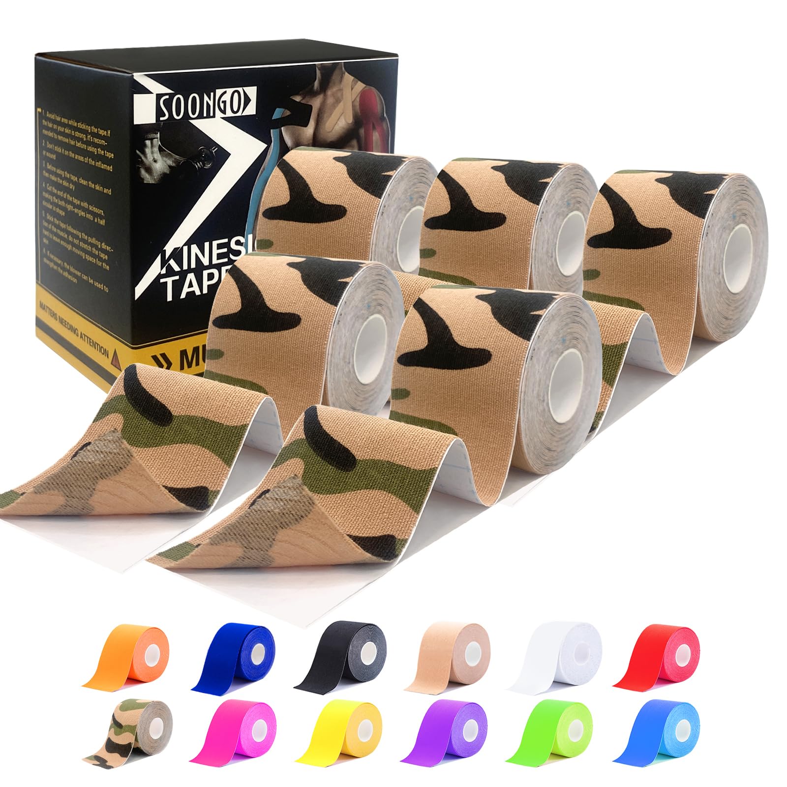 Kinesiology Tape Rock Tape Physio tape1/2/5 Rolls Relieve Muscle Soreness and Strain Shoulders Wrists Knees Ankles Elastic Waterproof Good Air Permeability Hypoallergenic Camo 5cm*5m By SOONGO