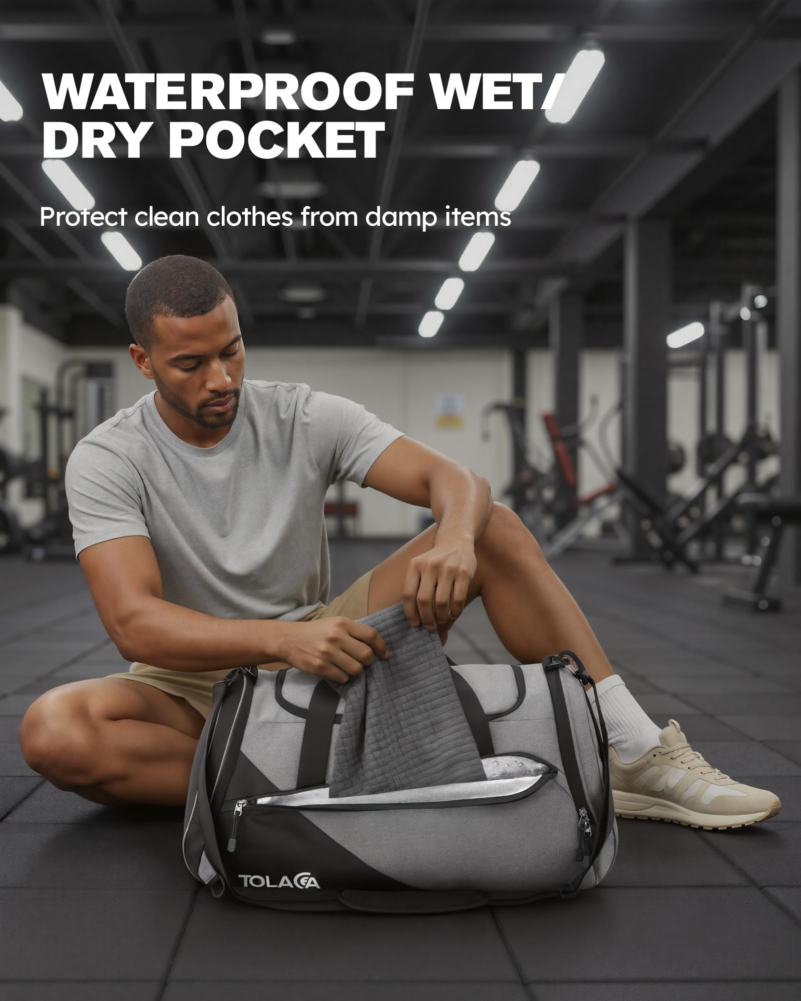 Tolaccea 47L Sporttasche Groß Sporttasche Rucksack mit Schuhfach Nassfach Wochen Reisetasche Duffel Bag Fitness Trainingstasche für Herren Damen Gym,Reise,Schwimmen,Sauna,fußball (Grau) 5