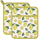FREEBLOSS 2Pcs Pot Holders for Kitchen Cotton Potholder Heat Resistant Pot Holders Sets Oven Hot Pads Hot Pot Holder for Cooking Baking Lemon Pattern, 7.9x9.5