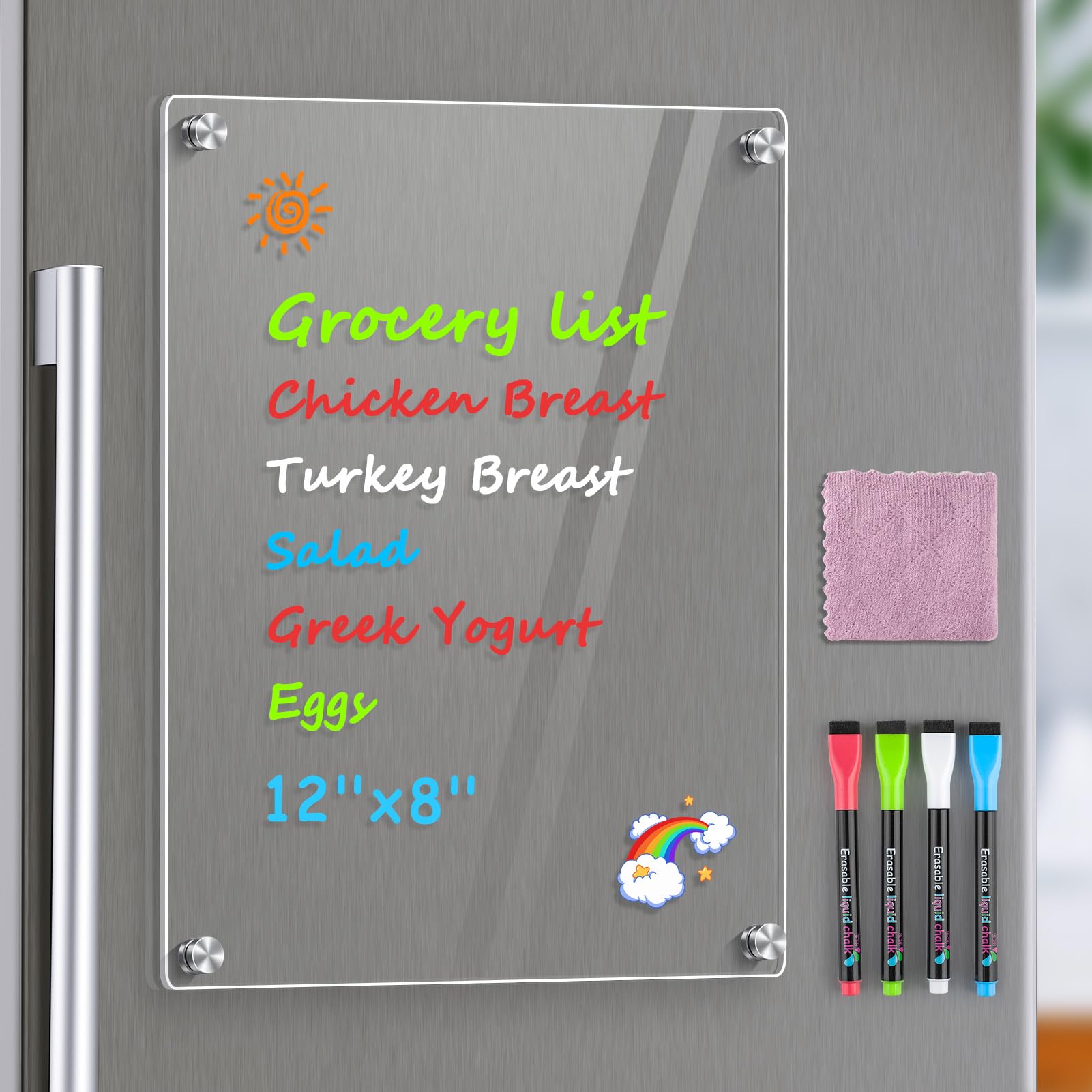 Photo 1 of MaxGear 12"x8" Acrylic Magnetic Whiteboard for Fridge, Small Clear Refrigerator Dry Erase Board with 4 Markers and 1 Cloth, Smooth Writing and Easy Cleaning Blank Memo Grocery List for Home Planner