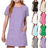 Girls Short Sleeve Eyelet Dresses Crew Neck Mini Shift Dress with Pockets Summer Beach Vacation Casual Dress