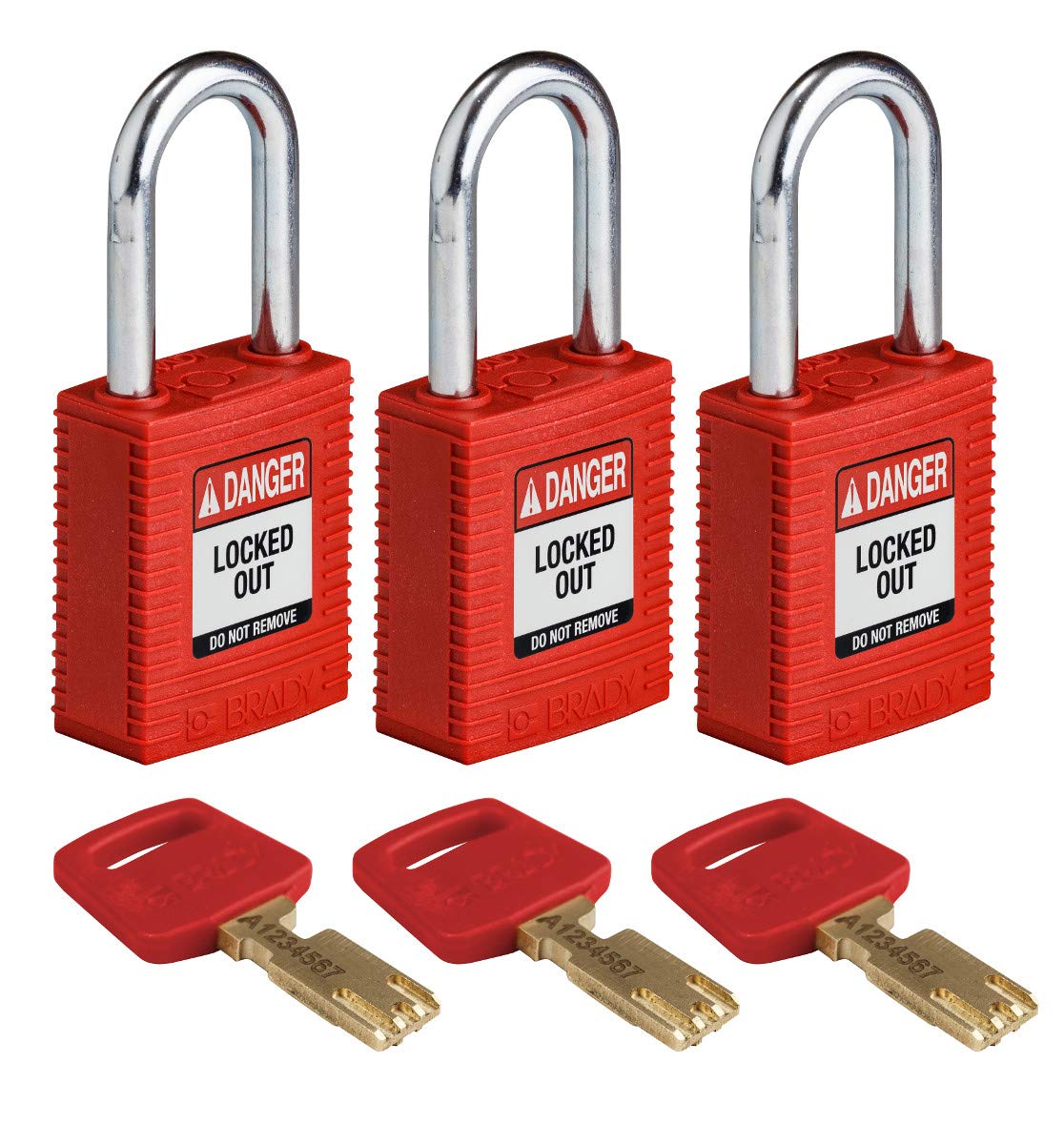 SafeKey Nylon/Steel Padlock, 38mm x 84mm x 19mm, Red, Pack of 3