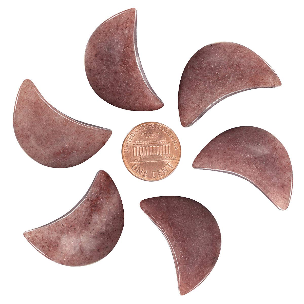 mookaitedecor Set of 5 Strawberry Quartz Moon Healing Crystal Pendants for Jewellery Making, Semi Precious Moon Shaped Palm Worry Stones for Anxiety Stress Relief Tumbled Pocket Stone Desk Decor