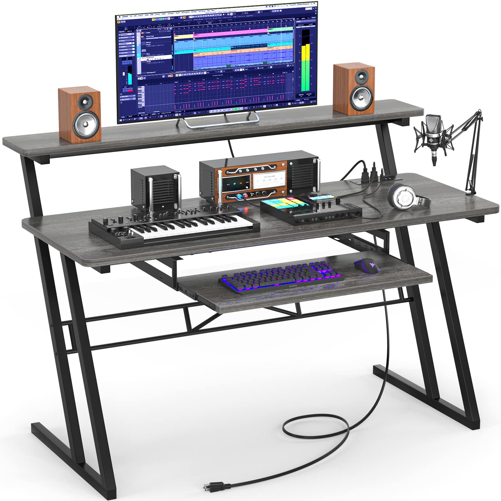 Photo 1 of Armocity Music Studio Desk, Music Production Workstation with Power Outlets, Recording Studio Table Desks Music Producer for Home, Grey Oak