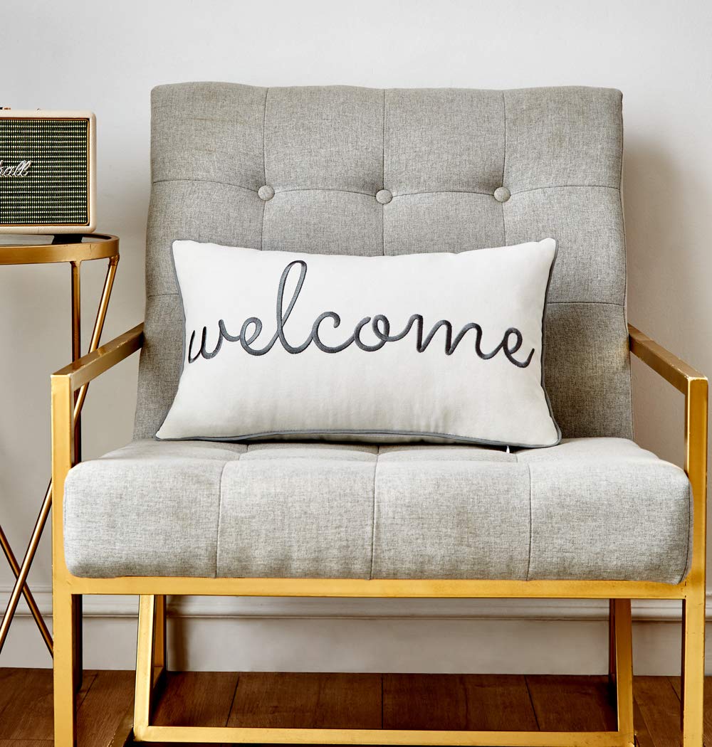 Sanmetex Welcome Lumbar Throw Pillow Cover Embroidered Pillow Cases Decorative Cushion Cover for Wedding Birthday 12"x20" (Grey).