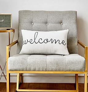 Sanmetex Welcome Lumbar Throw Pillow Cover Embroidered Pillow Cases Decorative Cushion Cover for Wedding Birthday 12"x20" (Grey).