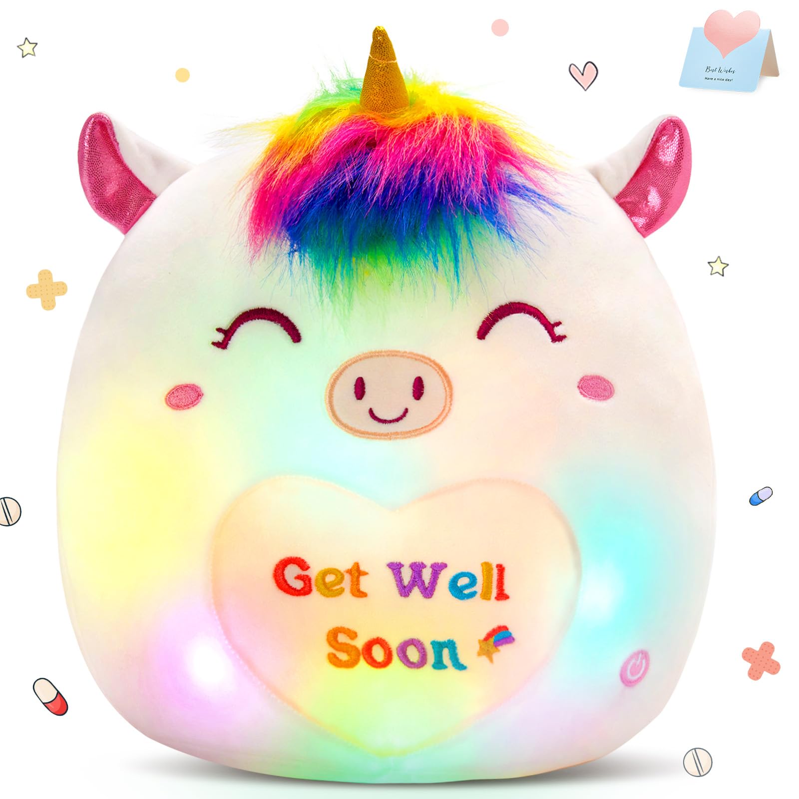 Photo 1 of Athoinsu 12" Get Well Soon Unicorn Led Plush Pillow Soft Sofa Cushion Squishy Plushie Toy Cute Stuffed Animal Room Decor Feel Better Gifts for Recovering Patient