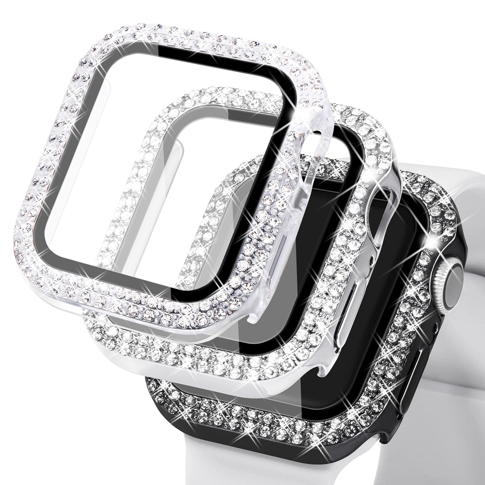 WINGLE Compatible with Apple Watch Screen Protector 38mm Series 3 2 1, Women Shiny Diamond Cover with Tempered Glass Screen Protector for apple watch Case 38mm,Black/Silver/Clear