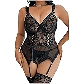 SOLY HUX Women's Plus Size Lace Mesh Lingeries Corset Garter Lingerie Set with Stockings Boudoir Outfits