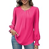 Funlingo Womens Tops Dressy Casual Smocked Long Sleeve Shirts Crew Neck Loose Chiffon Tunics Office Work Blouses