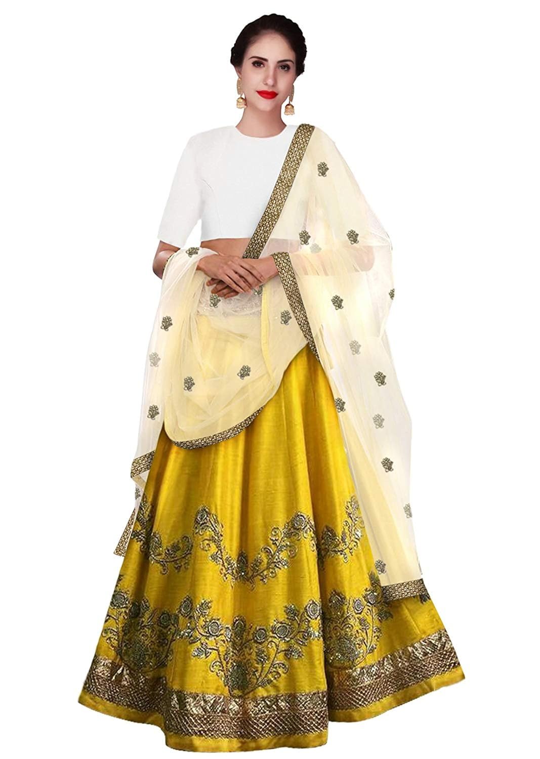 premiier collection women's silk yellow lehenga cholis(pi24_yellow_free size)