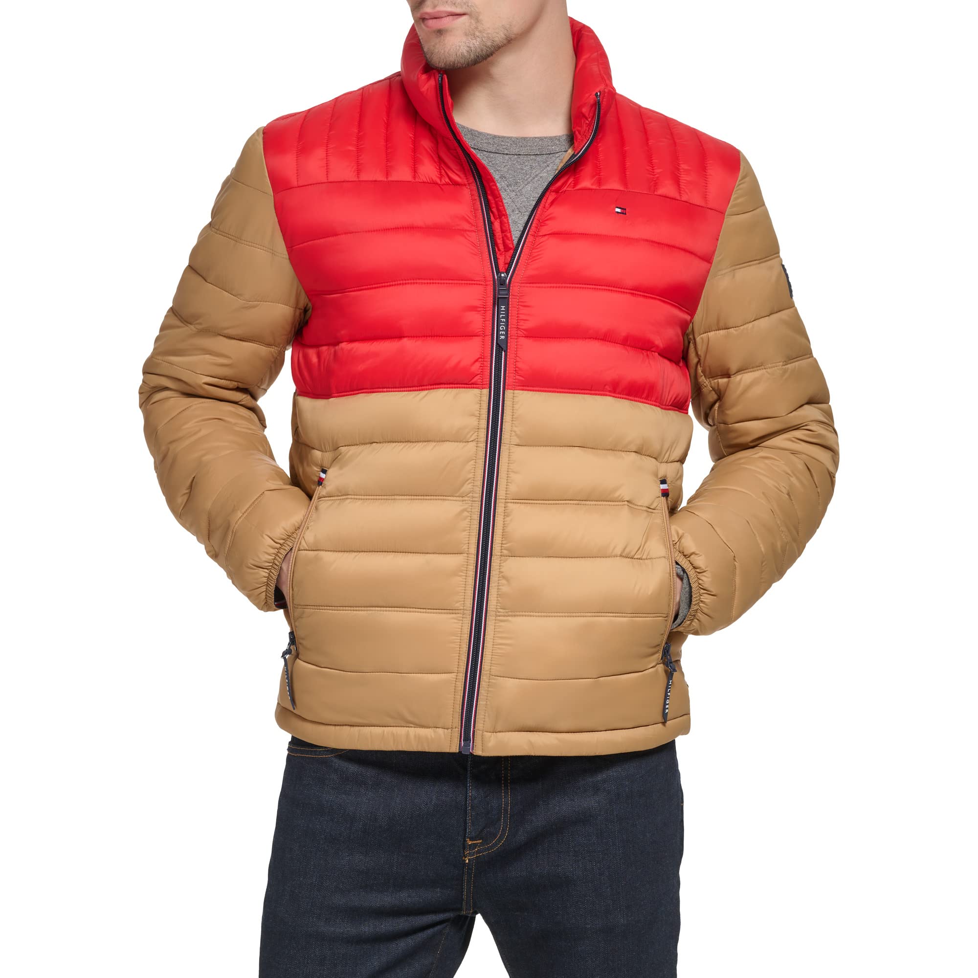 Tommy Hilfiger Men's Ultra Loft Lightweight Packable Puffer Jacket (Standard and Big & Tall), Khaki/Red Combo, X-Large Image
