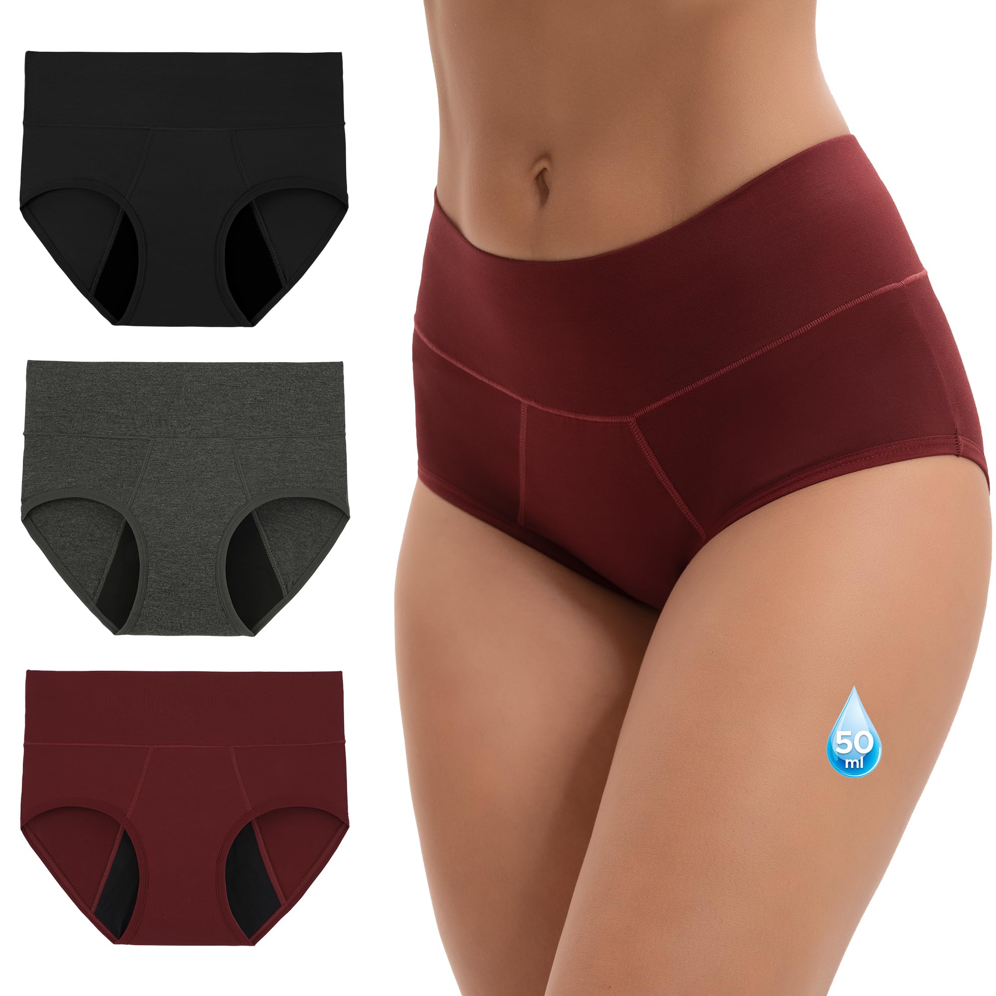 INNERSY Period Knickers Heavy Flow Bamboo Washable Incontinence Pants Women Leakproof Briefs 3 Pack(12, Black/Burgundy/Marl Grey)