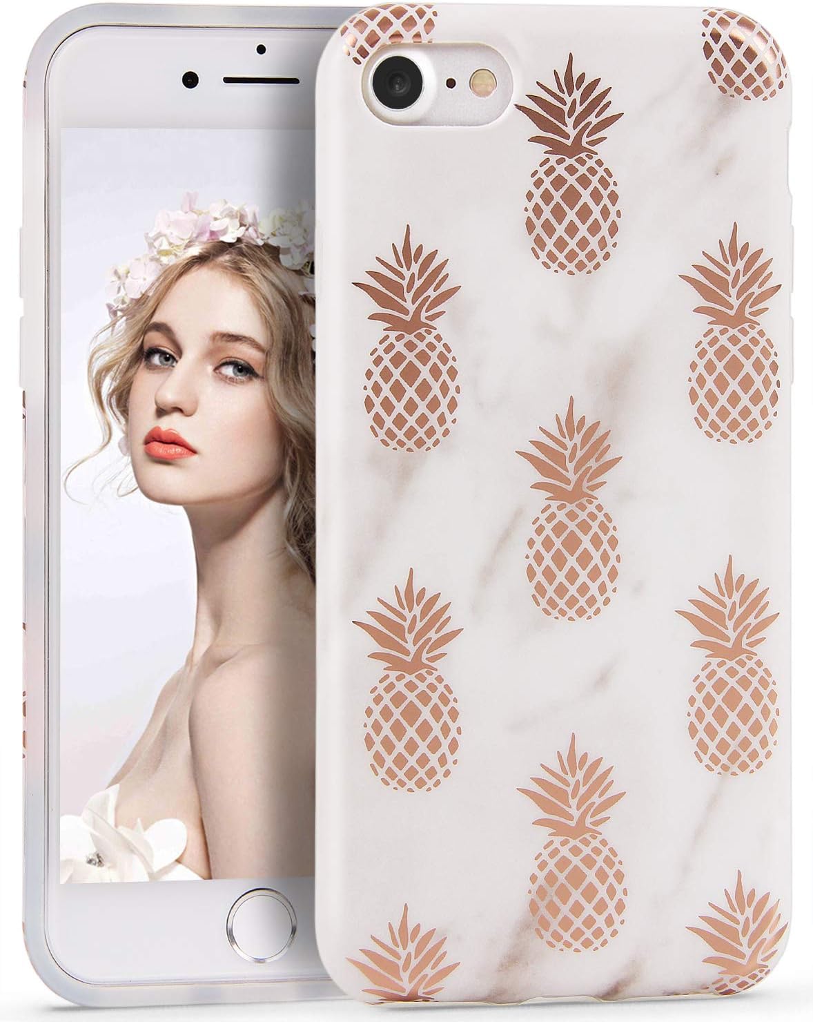 Imikoko iPhone 7 Case, iPhone 8 Case Rose Gold Pineapple White Marble Design Slim Anti-Scratch Shockproof Cover Matte Finish Flexible TPU Bumper Soft Phone Case for Apple iPhone 7/8 (4.7 Inch)