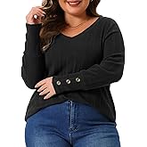Agnes Orinda Plus Size Knit Tops for Women Long Sleeve V Neck Button Stretch Casual Pullover Sweater Blouses