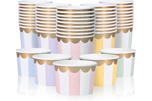 MATICAN 50-Count 9-Oz Paper Ice Cream Cups - Disposable Dessert Bowls for Hot or Cold Treats, Pastel Stripes with Gold Foil