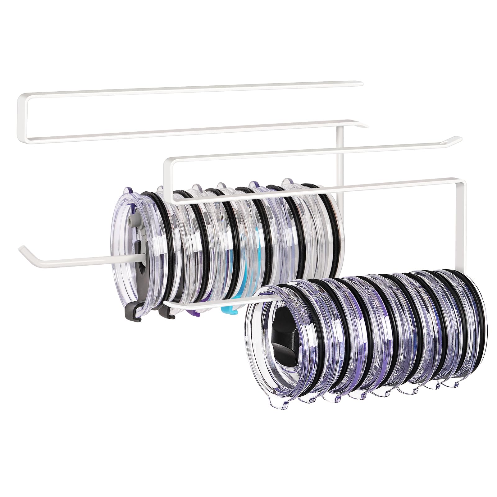 View 1 of 2 Pack Tumbler Lid Organizer, Horizontal Tumbler Lid Storage Hook Up to 20 Lids, Space Saving Cup Lid Holder Under Cabinet Tumbler Lid Hook for Kitchen Organizer, Paper Towel Hanger(Round&Flat, White)