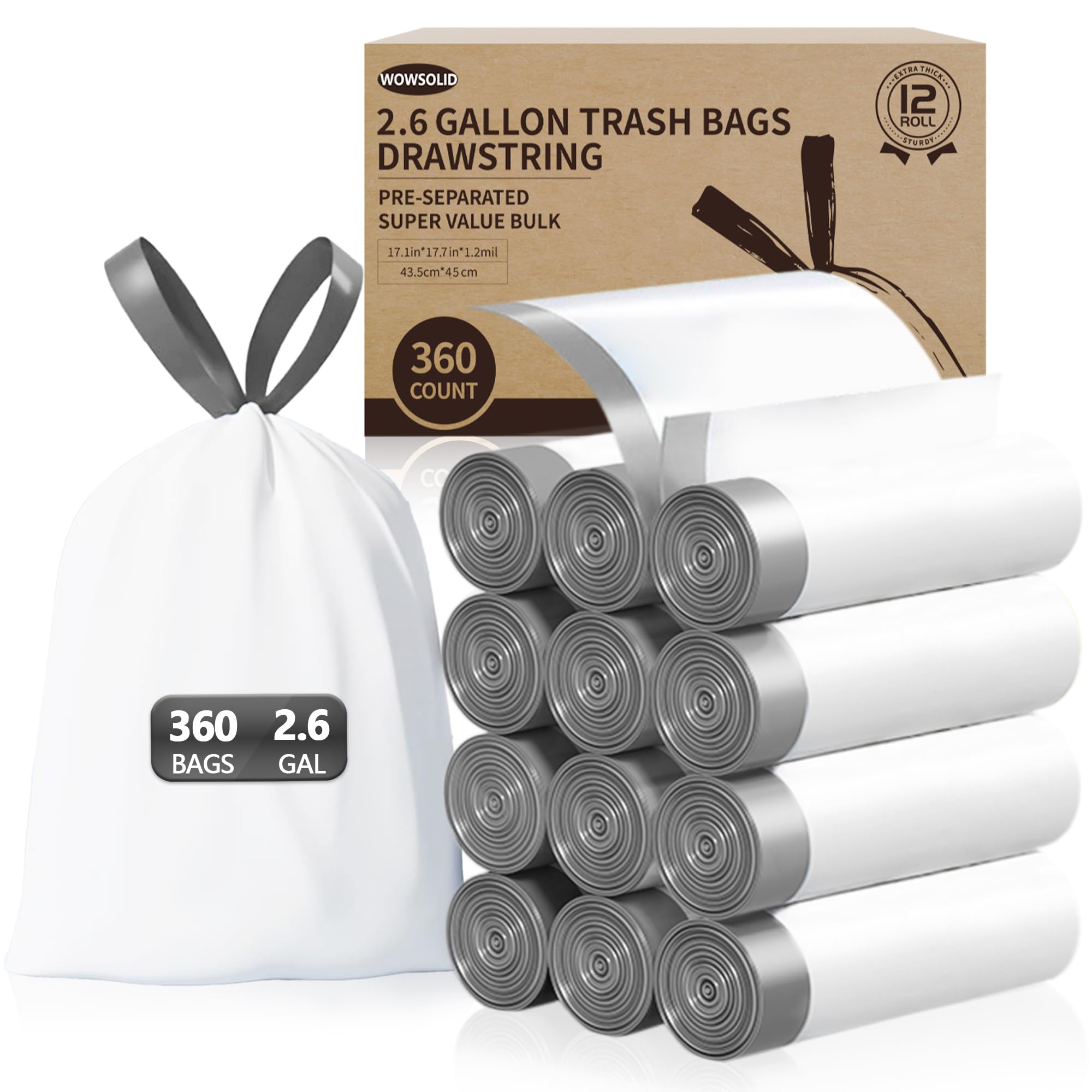 Photo 1 of 2.6 Gallon Mini Drawstring Trash Bags, 360 Count 1.2 Mil Thick Small Garbage Bags by WOWSOLID, Fit Liners 7.5-10 Liter, 2-3 Gal, Trash Can Bin for Bathroom, Kitchen, Bedroom, Office