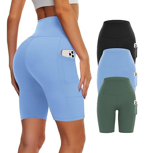 Showitty 3 Pack Biker Yoga Shorts with Pockets for Women, High Waist Tummy Control Workout Running Gym