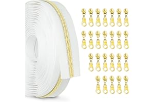 Zynzaoacs #5 Zipper by The Yard with Pulls, Continuous White Tape (10Yds) and Rust-Proof Gold Metal Pulls (25Pcs), Bulk Zippers for Sewing Bags and Purses, Cuttable Nylon Zipper Roll