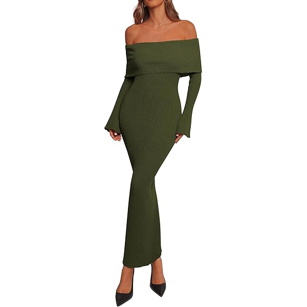 knee length dresses for ladies Off Shoulder Fit Knitted Maxi Dress – MAUVSTUDIO® main image 1